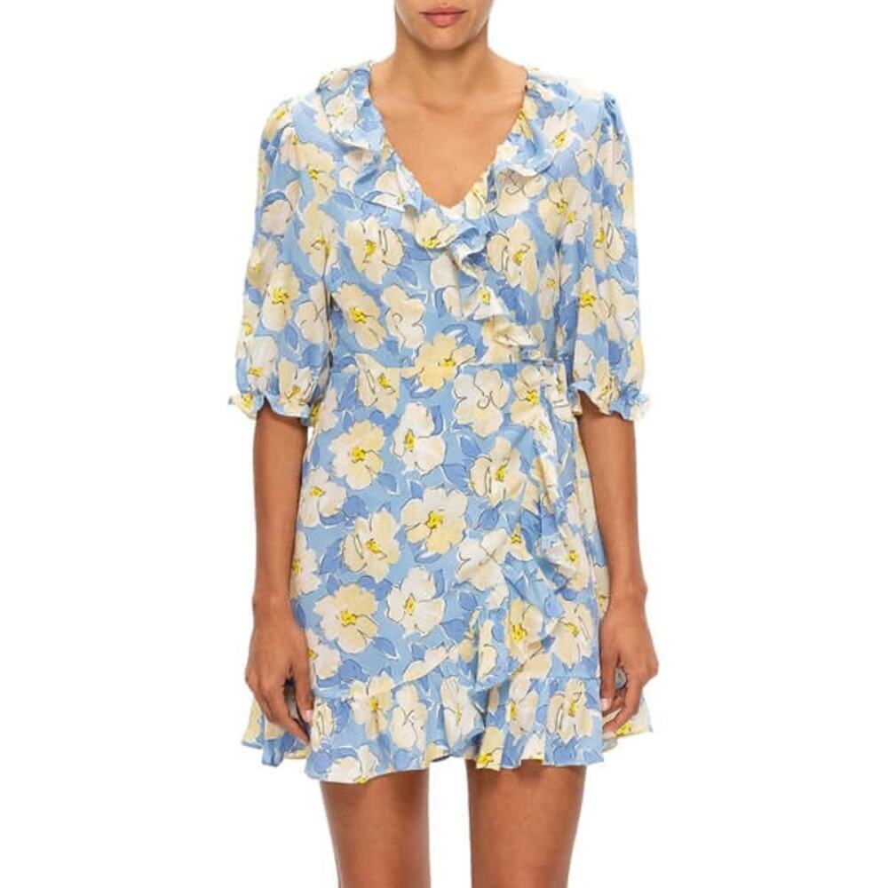 Rixo Nina Azalea Bloom Mini Dress unlined wrap ruffle floral blue medium silk